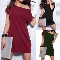 Fashion Solid Color Short Sleeve Round Neck Dress