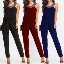 Sexy Backless Sleeveless Round Neck Elastic Waist Jumpsuits