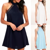 Sexy Backless Hollow Out Lace Spliced Solid Color Halter Dress