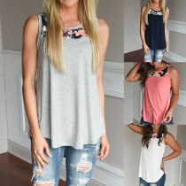 Fashion Sleeveless Round Neck High-low Hem Printed Spliced T-shirt