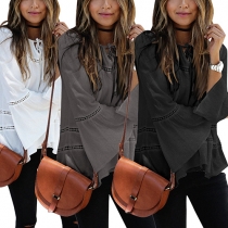 Fashion Solid Color Trumpet Sleeve Lace Spliced Tops