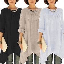 Fashion Solid Color Long Sleeve Round Neck Irregular Hem Dress