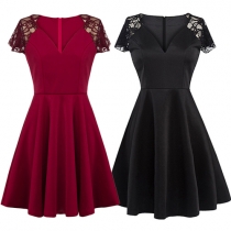 Sexy Deep V-neck Lace Spliced Short Sleeve Dress