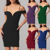 Sexy Off-shoulder Short Sleeve Slim Fit Solid Color Sling Dress