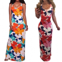 Sexy Backless Sleeveless Round Neck Printed Maxi Dress