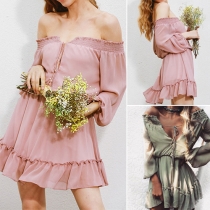 Sexy Off-shoulder Boat Neck Long Sleeve Ruffle Hem Solid Color Dress