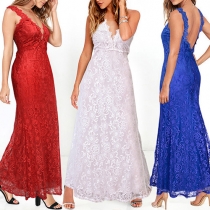 Sexy Backless Deep V-neck High Waist Lace Evening Dress