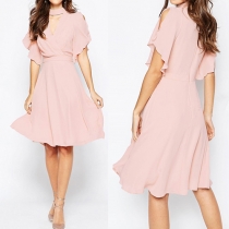 Sexy Off-shoulder Deep V-neck High Waist Solid Color Chiffon Dress