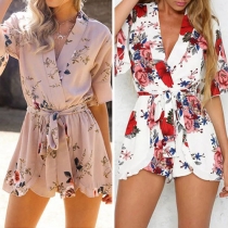 Sexy Deep V-neck Short Sleeve Printed Romper