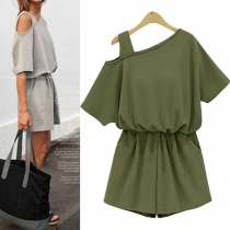 Sexy Oblique Shoulder Elastic Waist Solid Color Romper