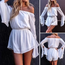Sexy Off-shoulder Boat Neck Trumpet Sleeve Solid Color Romper