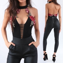 Sexy Backless Deep V-neck Embroidered Halter Bodysuit