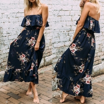 Sexy Strapless Ruffle Printed Maxi Dress