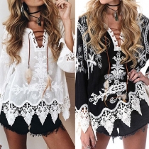 Bohemian Style Lace-up V-neck Long Sleeve Lace Spliced Blouse