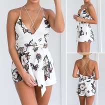 Sexy Backless Deep V-neck Printed Cami Romper