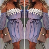 Sexy Lace Spliced Off-shoulder Boat Neck Striped Dress