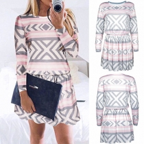 Fashion Geometric Print Long Sleeve Round Neck Elastic Waist Dress