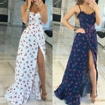 Sexy V-neck Slit Hem Cherry Printed Party Dress