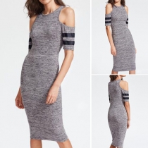 Sexy Off-shoulder Short Sleeve Round Neck Contrast Color Pencil Dress
