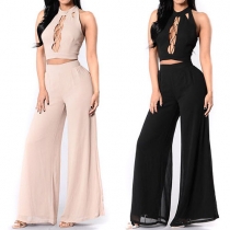Sexy Hollow Out Crop Top + High Waist Wide-leg Pants Two-piece Set