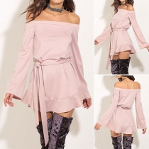 Sexy Off-shoulder Boat Neck Long Sleeve Ruffle Hem Solid Color Dress