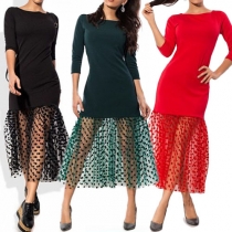 Fashion 3/4 Sleeve Round Neck Gauze Spliced Hem Dress