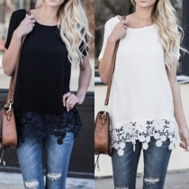 Fashion Short Sleeve Round Neck Lace Spliced Hem T-shirt