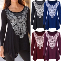 Fashion Long Sleeve Round Neck Irregular Hem Printed Top