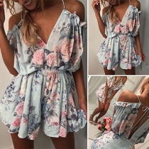 Sexy Backless Off-shoulder Deep V-neck Printed Romper