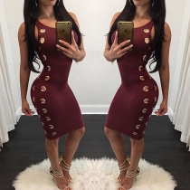 Sexy Lace-up Keyholes Sleeveless Round Neck Sheath Dress