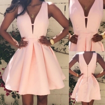 Sexy Deep V-neck Sleeveless Solid Color High Waist Dress