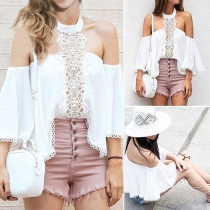 Sexy Off-shoulder Lace Spliced Solid Color Halter Top