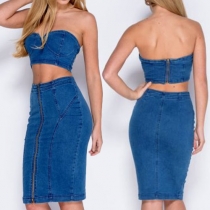 Sexy Bandeau Top + High Waist Skirt Denim Two-piece Set