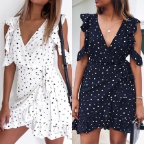 Sexy Off-shoulder Deep V-neck Dots Printed Ruffle Dress