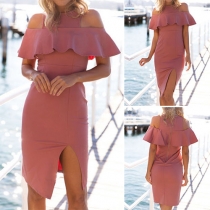 Sexy Off-shoulder Slit Hem Slim Fit Ruffle Party Dress