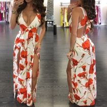 Fashion Sexy Floral Printed V-neck Sleeveless Slit Maxi Dress 