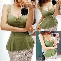 Fashion Sexy Solid Color Sleeveless V-neck Pleated Sling Top 