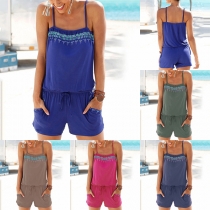 Sexy Backless Elastic Waist Printed Cami Romper
