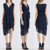 Elegant Solid Color Sleeveless V-neck Irregular Hem Chiffon Dress
