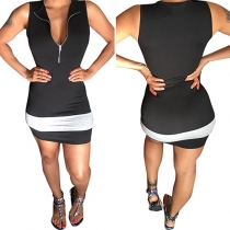 Fashion Sleeveless V-neck Contrast Color Sheath Dress