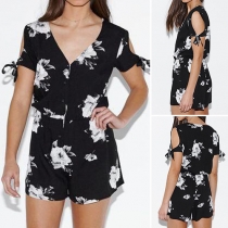 Fashion Short Sleeve V-neck Elastic Waist Printed Romper