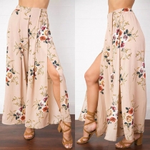 Sexy Printed Bandeau Top + High Waist Slit Hem Skirt Two-piece Set