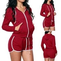 Fashion Long Sleeve Hoodie + Elastic Waist Shorts Sports Suit