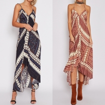 Bohemian Style Backless V-neck Irregular Hem Printed Cami Dress
