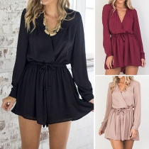 Sexy Deep V-neck Long Sleeve Elastic Waist Solid Color Romper