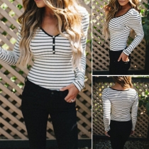 Fashion Long Sleeve V-neck Striped T-shirt