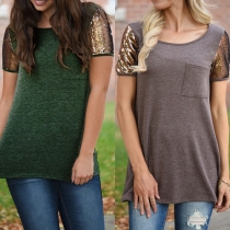 Fashion Sequin Spliced Short Sleeve Round Neck T-shirt