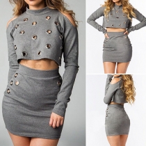 Sexy Off-shoulder Long Sleeve Crop Top + High Waist Bust Skirt Two-piece Set