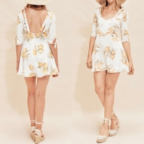 Sexy Backless Half Sleeve Round Neck Lemon Printed Dress