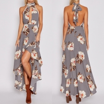Sexy Backless Hollow Out Irregular Hem Printed Halter Dress
